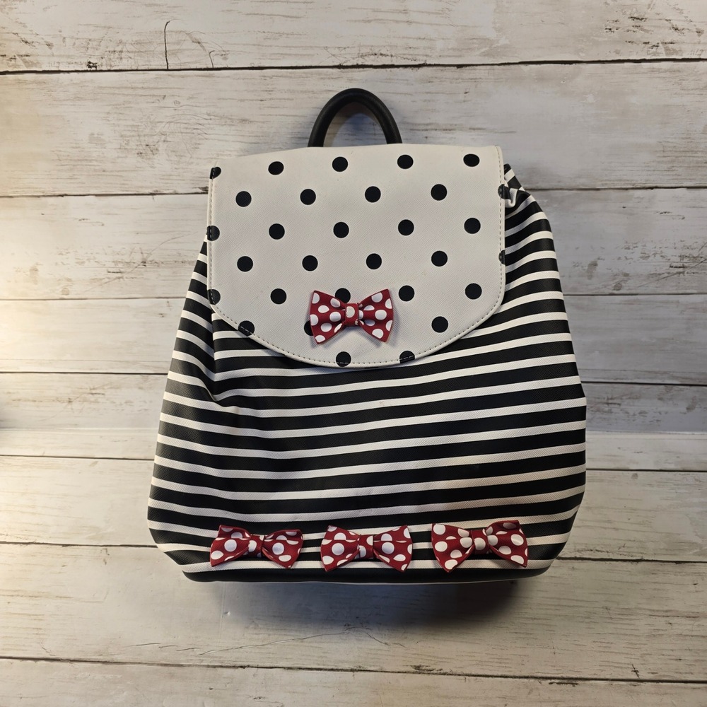 Disney Parks Minnie Mouse Polka Dot Striped Bow Backpack Black White Red